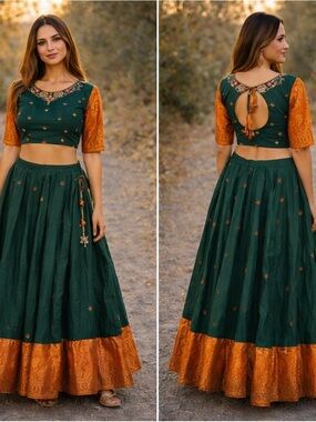 Indian Lehenga Choli Set Embroidered Green Orange Skirt + Blouse